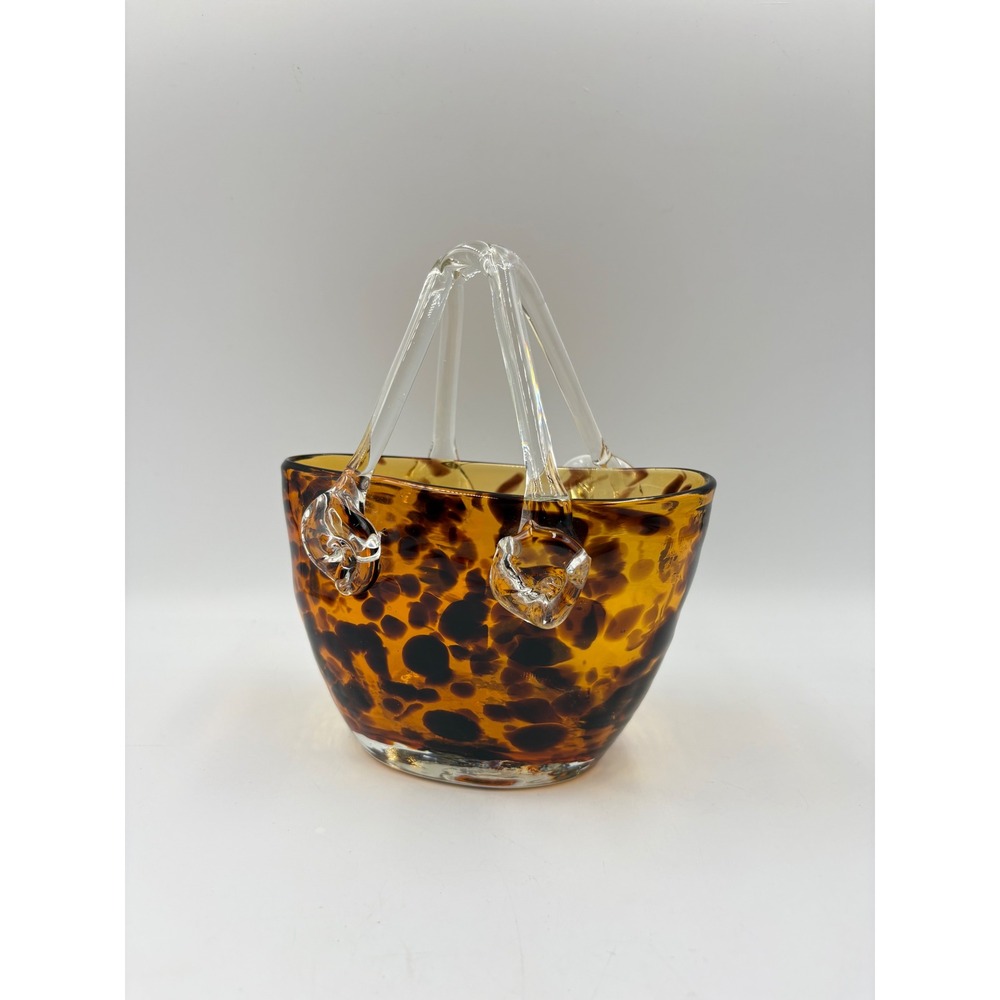 Vintage Tortoiseshell Amber Glass Basket Vase Applied Handles Decor Art Glass